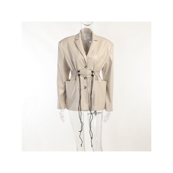 New Designer Pockets Ruched Leather Blazer Coats