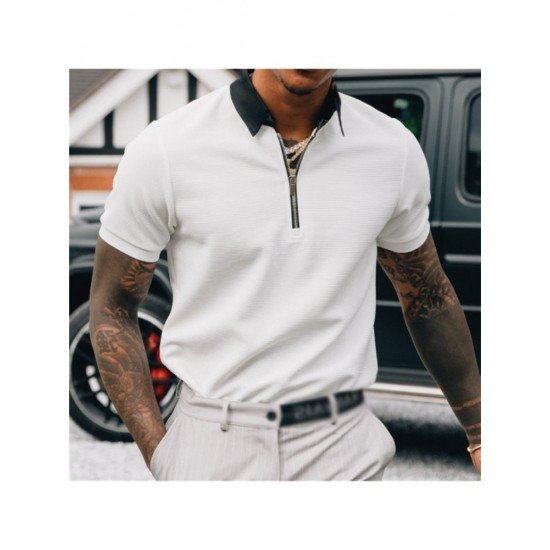  Men's Summer Contrast Color Zipper Up Polo Shirt