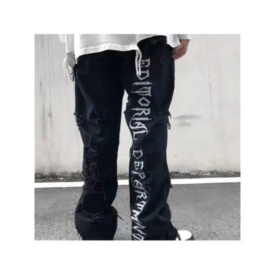 Letter Embroidery Ripped Black Straight Leg Jeans