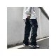 Letter Embroidery Ripped Black Straight Leg Jeans