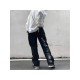 Letter Embroidery Ripped Black Straight Leg Jeans