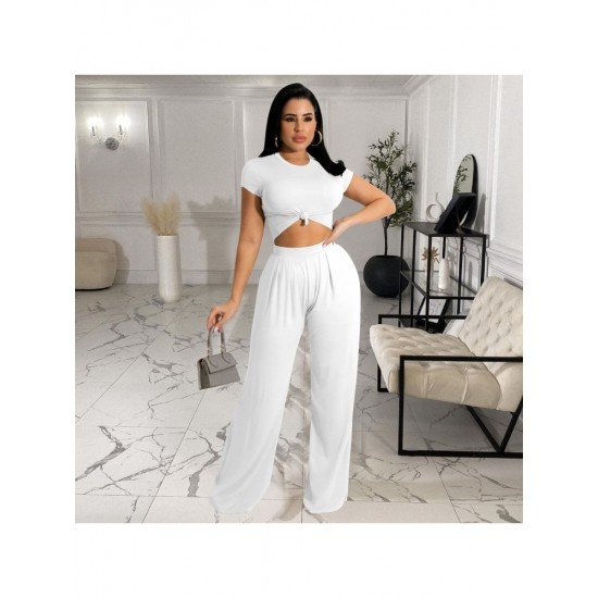  Pure Color Crop Top And Loose Trouser Sets