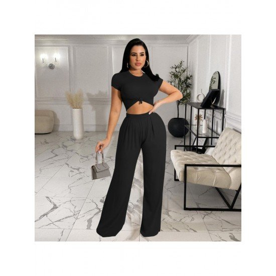  Pure Color Crop Top And Loose Trouser Sets