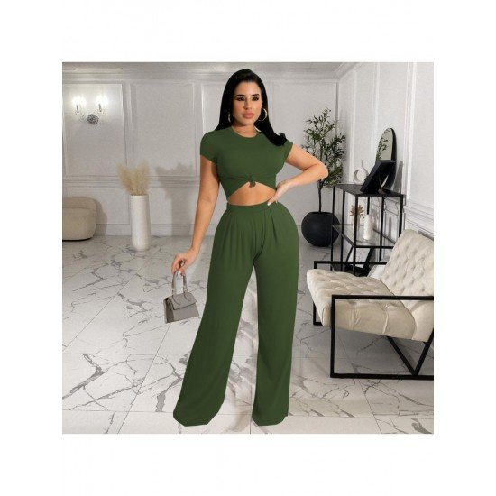  Pure Color Crop Top And Loose Trouser Sets