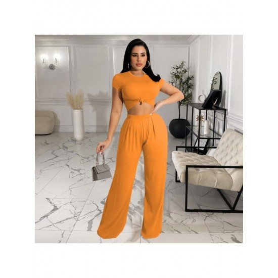  Pure Color Crop Top And Loose Trouser Sets