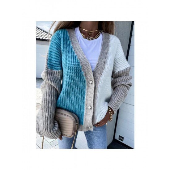  2022 Loose V-Neck Knitting Colorblock Cardigan Sweater