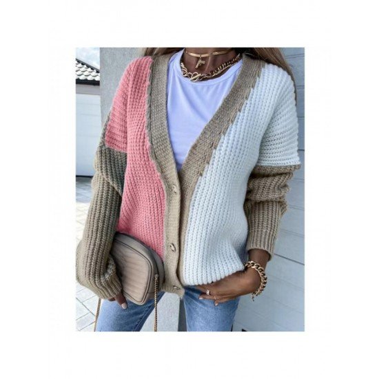  2022 Loose V-Neck Knitting Colorblock Cardigan Sweater