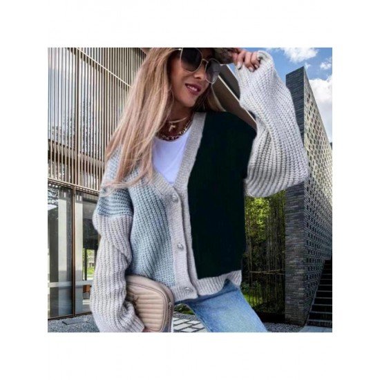  2022 Loose V-Neck Knitting Colorblock Cardigan Sweater