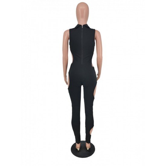 Cut Out Black Skinny Mock Neck Women Jumpsuits