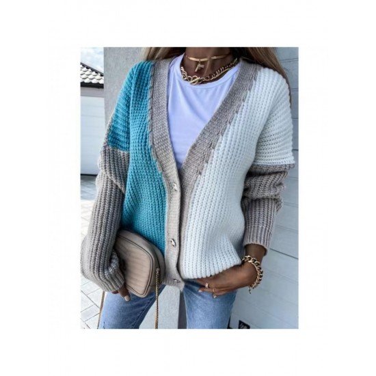  2022 Loose V-Neck Knitting Colorblock Cardigan Sweater