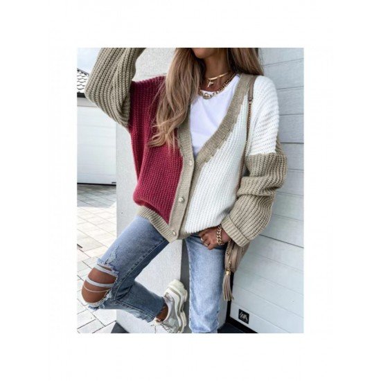  2022 Loose V-Neck Knitting Colorblock Cardigan Sweater