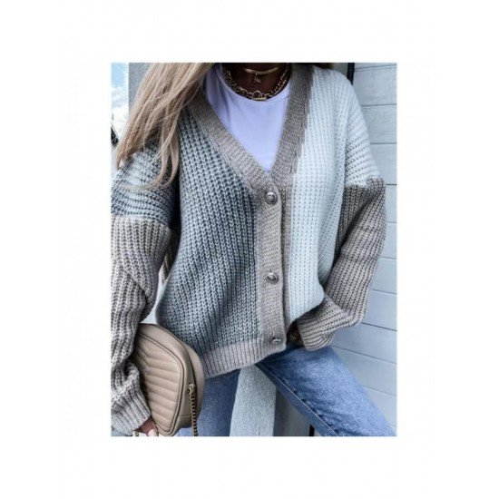  2022 Loose V-Neck Knitting Colorblock Cardigan Sweater