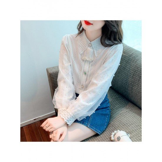  2022 Temperament Pure Color Bead Lace Shirt