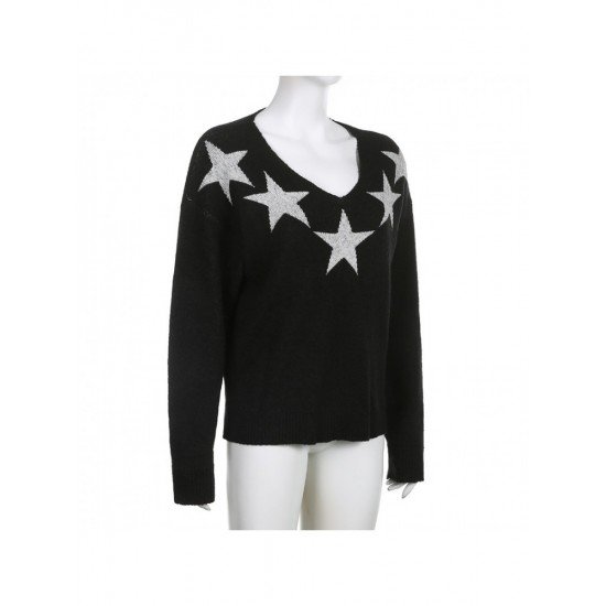 Star Pattern V Neck Black Pullover Sweaters