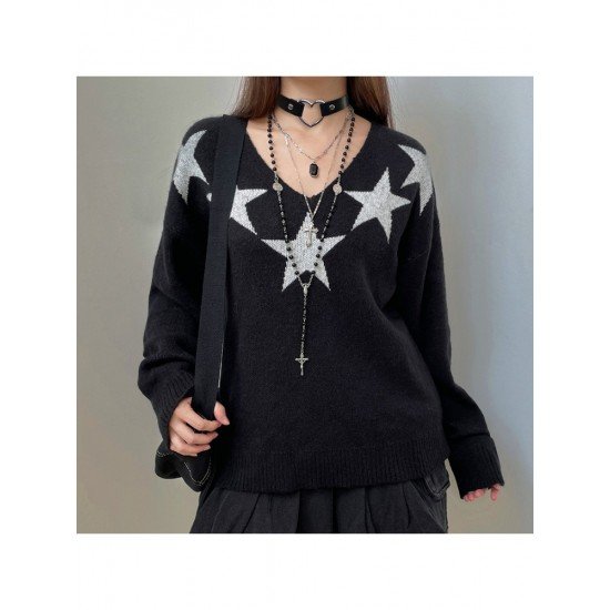 Star Pattern V Neck Black Pullover Sweaters