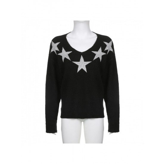 Star Pattern V Neck Black Pullover Sweaters