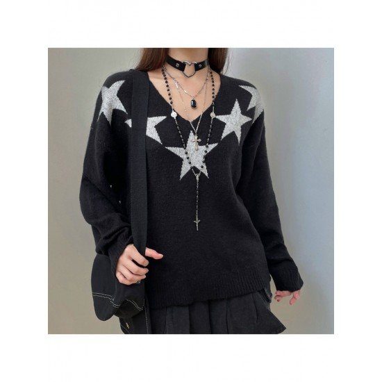 Star Pattern V Neck Black Pullover Sweaters