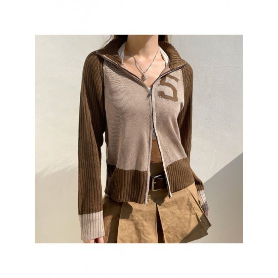 Stand Collar Vintage Ladies Contrast Color Sweater Coats