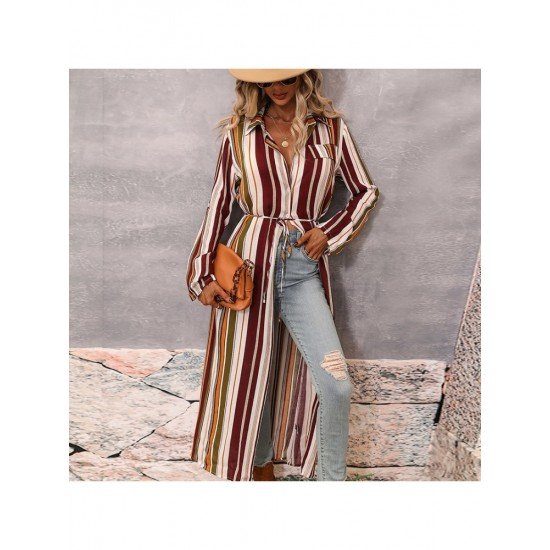 Casual Striped Long Sleeve Shirt Long Coats