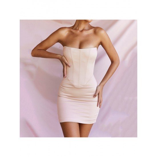  Fishbone Zipper Backless Pure Color Strapless Mini Party Dress Fishbone