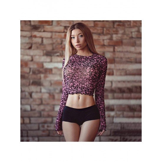 Sexy Floral Long Sleeve Stringy Selvedge Crop Tops 