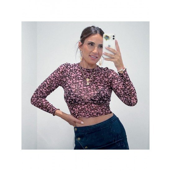 Sexy Floral Long Sleeve Stringy Selvedge Crop Tops 