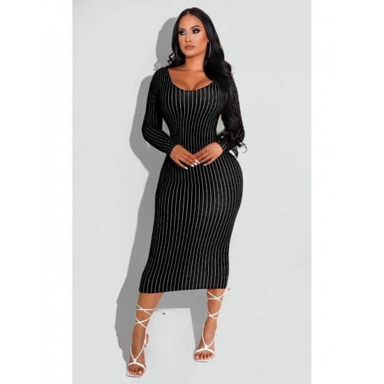  Skinny Striped Backless Women's Long Sleeve Dress