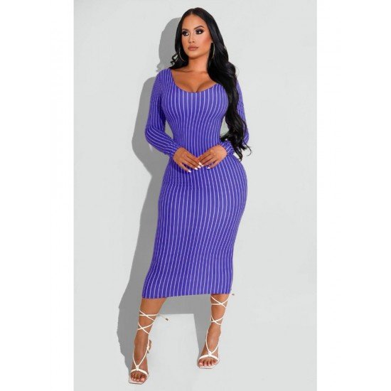  Skinny Striped Backless Women's Long Sleeve Dress