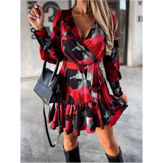  V-Neck Printing Women's Long Sleeve Dress