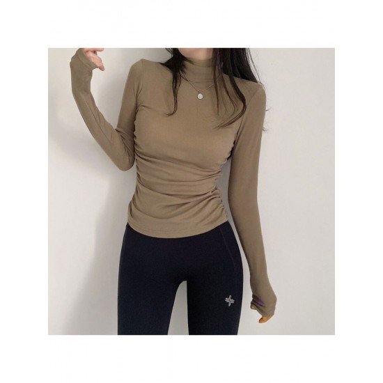 Fall Solid Ruched Turtle Neck Long Sleeve T Shirts