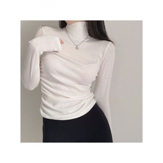 Fall Solid Ruched Turtle Neck Long Sleeve T Shirts