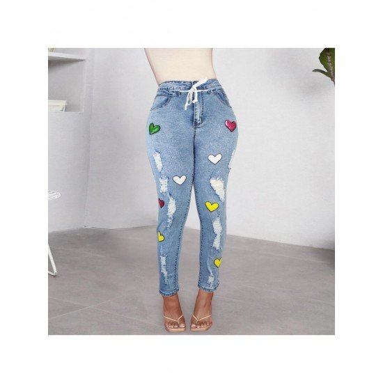  Fashion Heart Printed Ripped Women's Denim Jeans