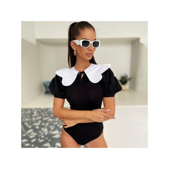 Stylish Black Puff Sleeve Short Sleeve Bodysuits