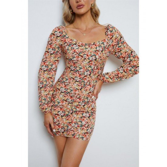 Vintage Backless Puff Sleeve Floral Short Dress