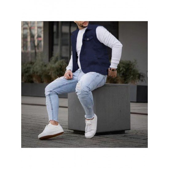  Men's Casual Pure Color Raw Edge Button Vest