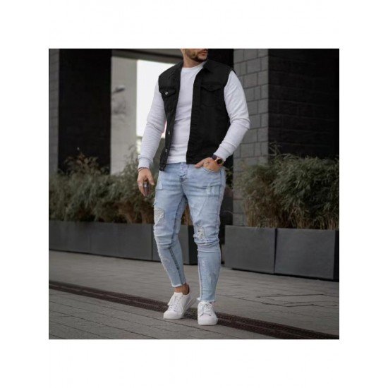  Men's Casual Pure Color Raw Edge Button Vest