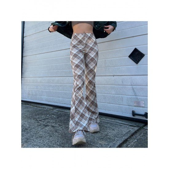 Elastic Waist Plaid Flare Trousers For Ladies