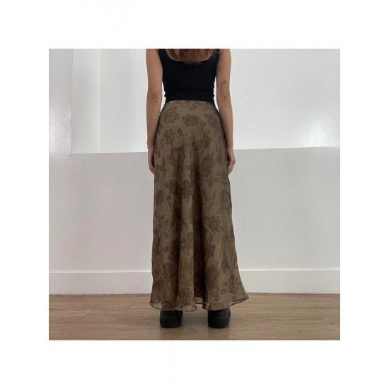 Vintage Brown Loose Floral Maxi Skirts For Ladies