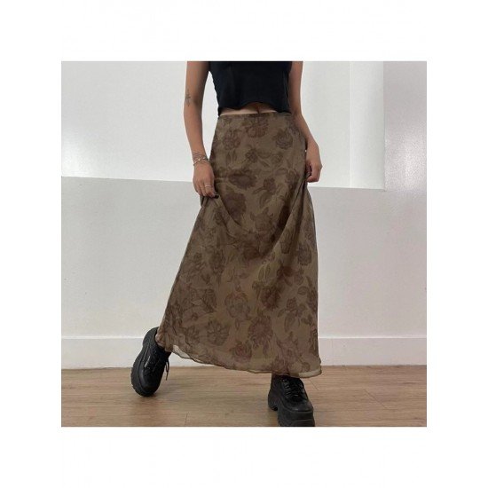 Vintage Brown Loose Floral Maxi Skirts For Ladies