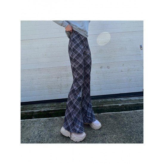 Elastic Waist Plaid Flare Trousers For Ladies