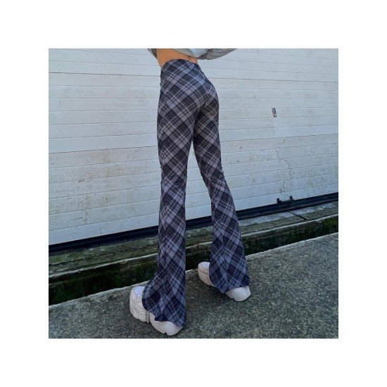 Elastic Waist Plaid Flare Trousers For Ladies