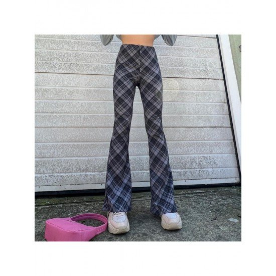 Elastic Waist Plaid Flare Trousers For Ladies