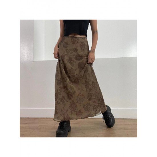 Vintage Brown Loose Floral Maxi Skirts For Ladies