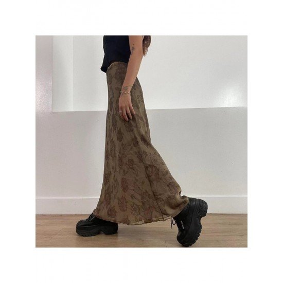 Vintage Brown Loose Floral Maxi Skirts For Ladies