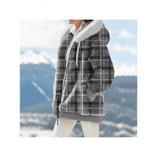  2022 Winter Hooded Plaid Plush Women's Coats