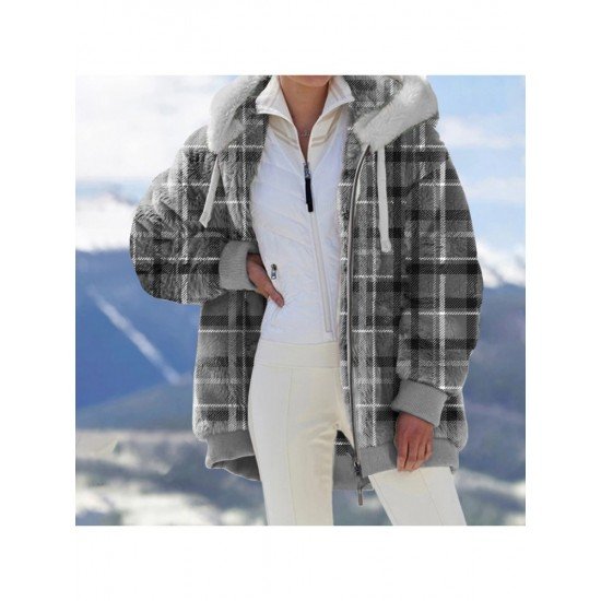  2022 Winter Hooded Plaid Plush Women's Coats