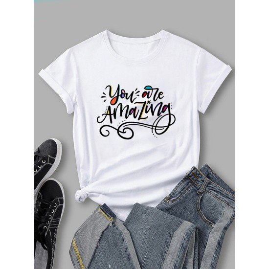 Letter Printed Simple Design T Shirts For Women