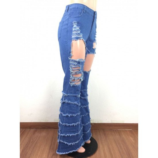  Fashion Ripped Pure Color Denim Jeans