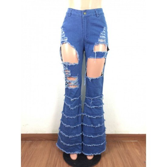  Fashion Ripped Pure Color Denim Jeans