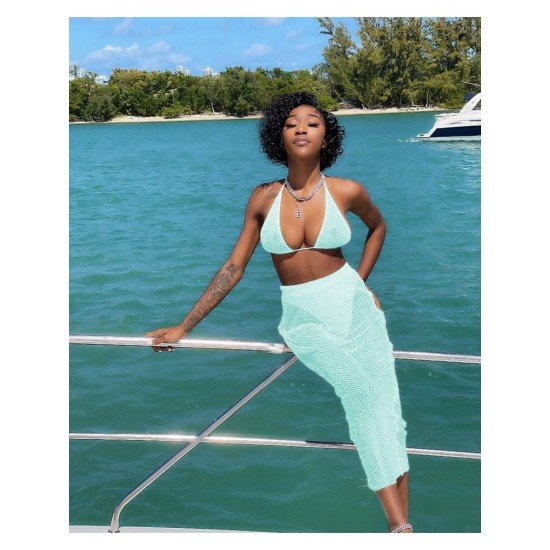  Sexy Gauze Halter Backless Pure Color Skirt Swimsuit 